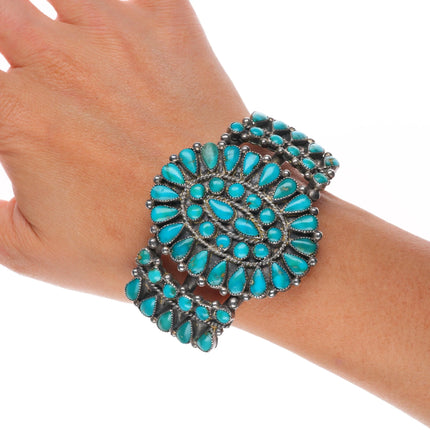 6.5" 50's-60's Zuni Blue Gem turquoise cluster cuff bracelet sterling silver