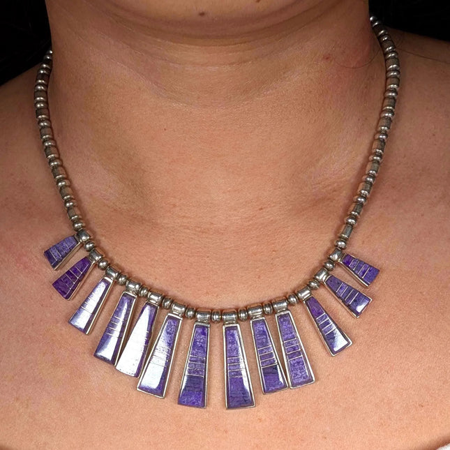 17.5" Christin Wolf Sterling silver sugilite channel inlay beaded necklace