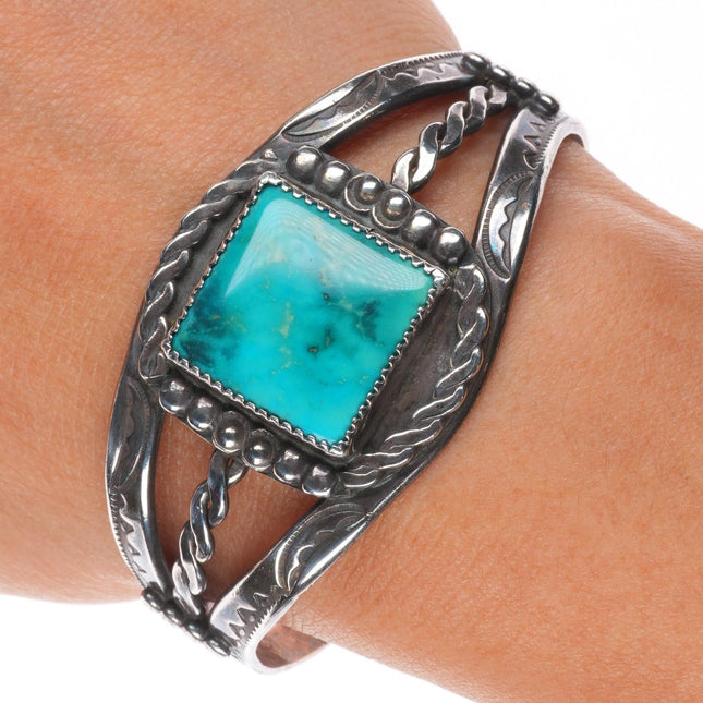 6.25" 40's-50's Navajo sterling silver stamped cuff bracelet with nice turquoise