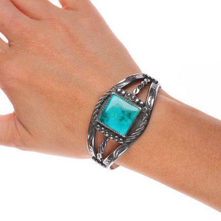 6.25" 40's-50's Navajo sterling silver stamped cuff bracelet with nice turquoise
