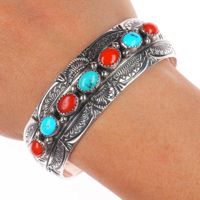 6.6" Wibert Benally Navajo sterling silver, turquoise, coral  cuff bracelet