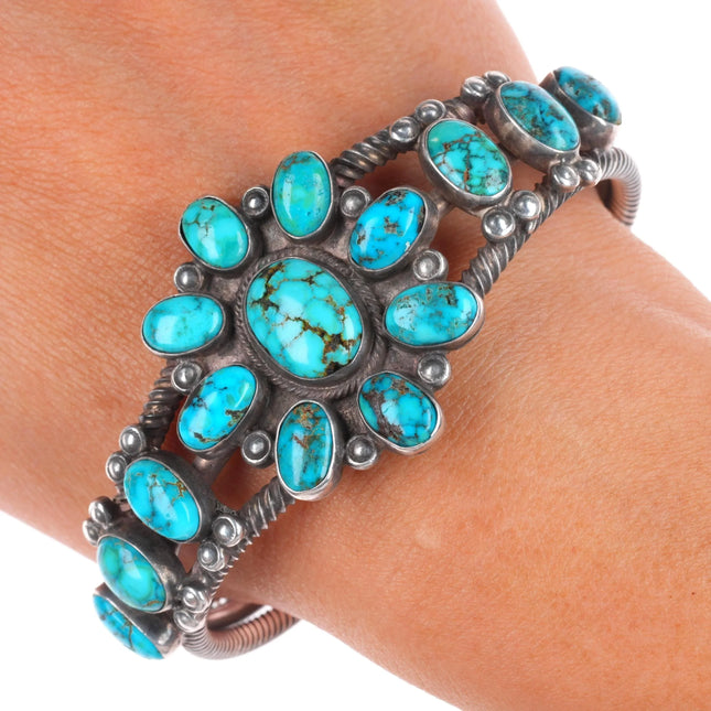 7" 30's-40's Navajo sterling silver twisted wire turquoise cluster cuff bracelet