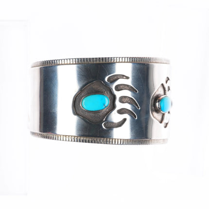 7.6" Big Vintage Navajo Overlay bear paw sterling silver turquoise cuff bracelet
