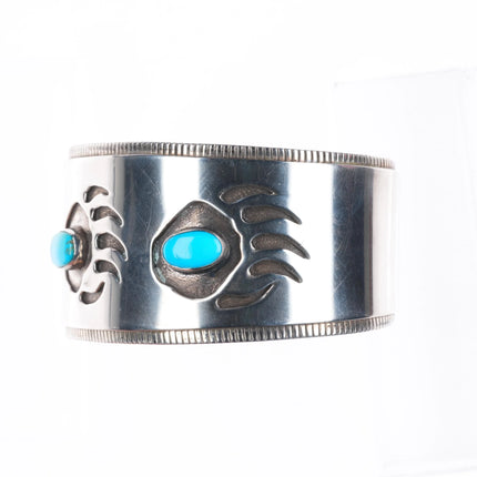 7.6" Big Vintage Navajo Overlay bear paw sterling silver turquoise cuff bracelet