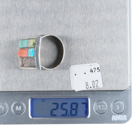 sz12.75 Large Tufa Cast Harold Lovato - Kewa turquoise/Variscite/coral ring