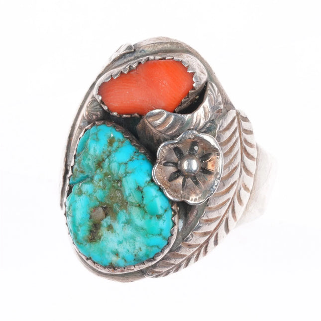 sz11.5 Vintage Navajo sterling silver, turquoise, coral feather/blossom ring
