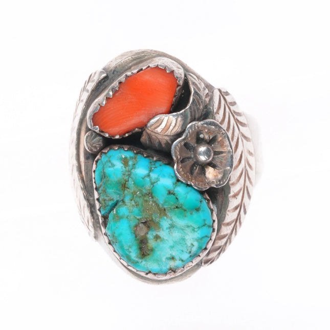 sz11.5 Vintage Navajo sterling silver, turquoise, coral feather/blossom ring