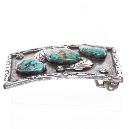 Vintage 60's-70's Navajo sterling silver red web turquoise belt buckle feathers