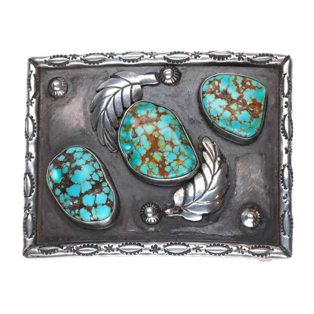 Vintage 60's-70's Navajo sterling silver red web turquoise belt buckle feathers