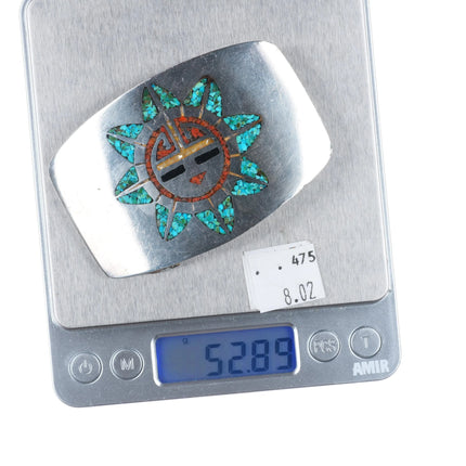 1970's Navajo Vintage Sterling silver chip inlay sunface belt buckle turquoise