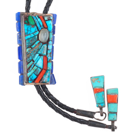 c1970 Native American High grade turquoise/coral/lapis inlay sterling bolo tie
