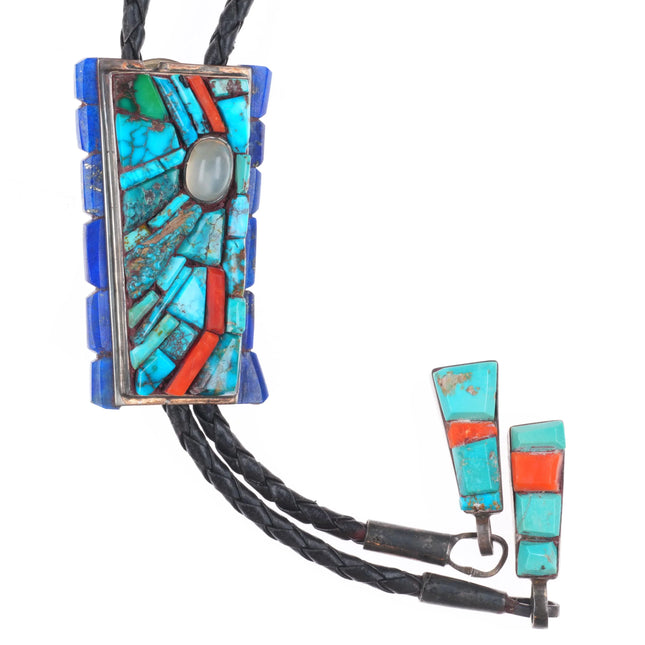 c1970 Native American High grade turquoise/coral/lapis inlay sterling bolo tie