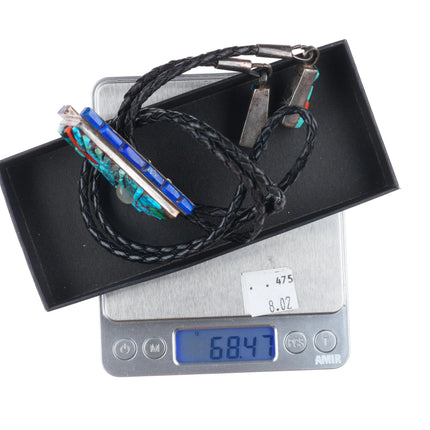 c1970 Native American High grade turquoise/coral/lapis inlay sterling bolo tie