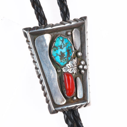 c1950's Roy Vandever Navajo sterling silver, turquoise, coral bolo tie