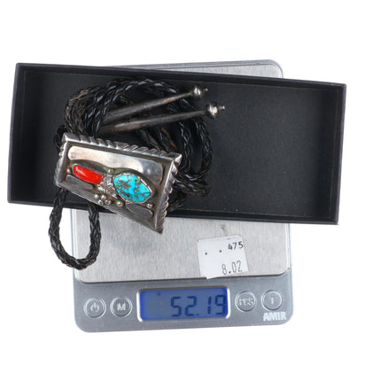 c1950's Roy Vandever Navajo sterling silver, turquoise, coral bolo tie