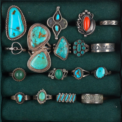 sz4-sz9 Vintage lot 17 Navajo/Zuni/Southwestern sterling silver turquoise rings