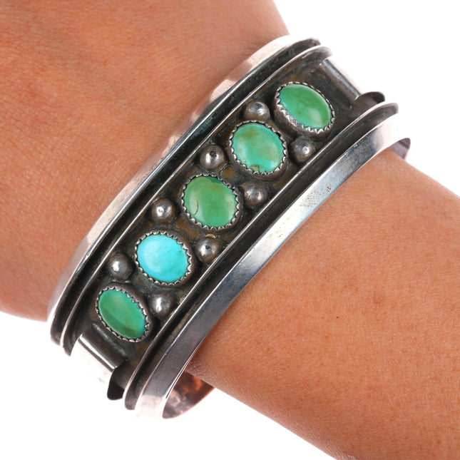 7" c1970 Vintage Navajo sterling silver turquoise row cuff bracelet