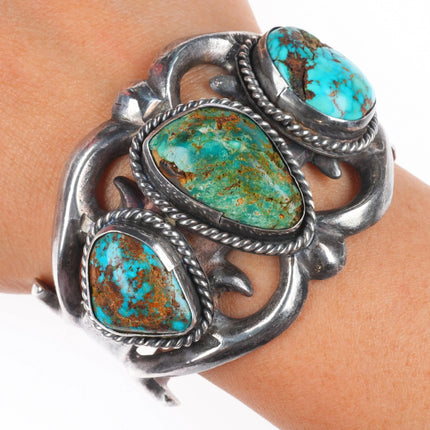 6" Vintage Navajo sterling silver 3 stone turquoise cast cuff bracelet