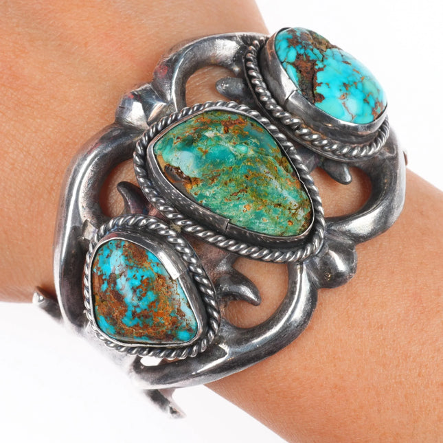 6" Vintage Navajo sterling silver 3 stone turquoise cast cuff bracelet