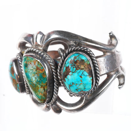 6" Vintage Navajo sterling silver 3 stone turquoise cast cuff bracelet
