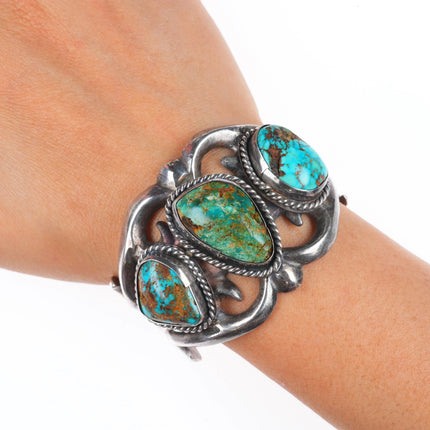 6" Vintage Navajo sterling silver 3 stone turquoise cast cuff bracelet
