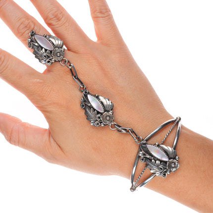 6.2" & sz7 Navajo sterling silver mother of pearl ring/cuff "slave bracelet"