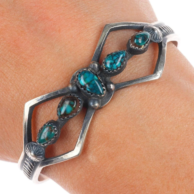 6.5" El Billah Navajo sterling silver spiderweb turquoise cuff bracelet