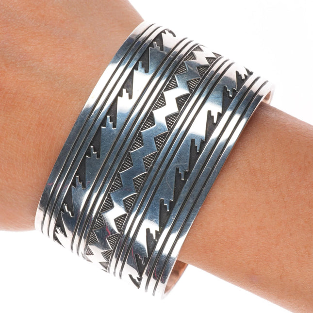 6.75" Herman Vandever Navajo sterling silver wide band stamped cuff bracelet