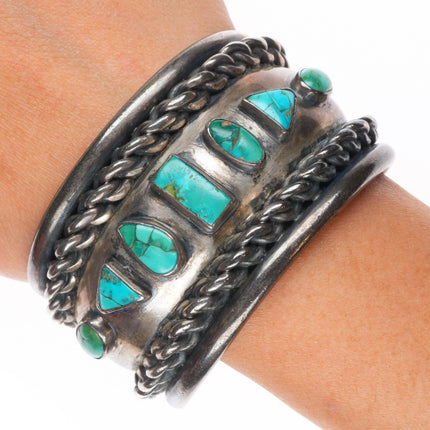 6.5" 40s-50's Navajo heavy sterling silver wide band turquoise row cuff bracelet