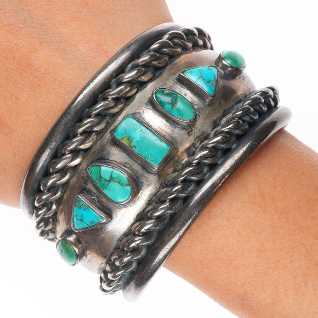 6.5" 40s-50's Navajo heavy sterling silver wide band turquoise row cuff bracelet