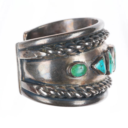 6.5" 40s-50's Navajo heavy sterling silver wide band turquoise row cuff bracelet