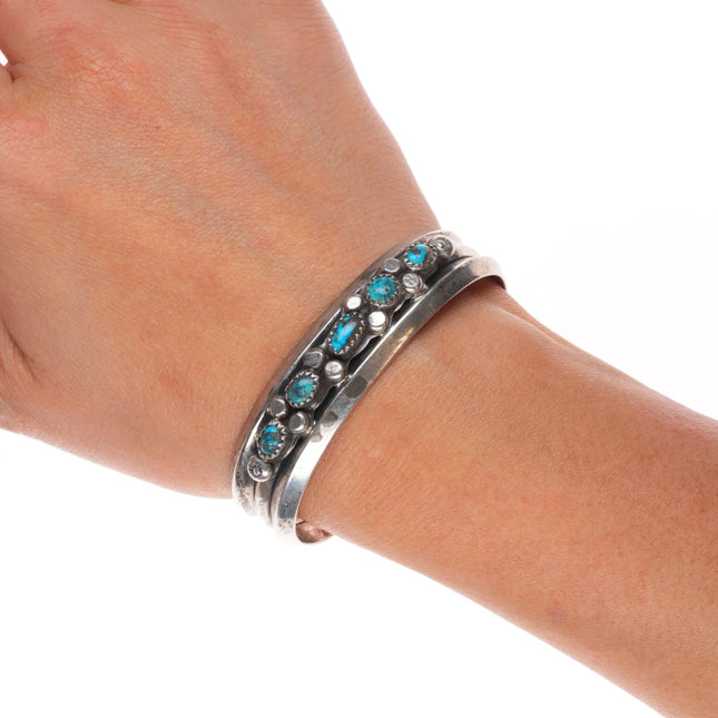 6.1" 1950's Bisbee turquoise Navajo sterling silver row cuff bracelet vintage