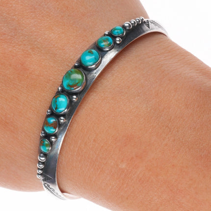 6.25" 1930's Navajo ingot silver graduated turquoise row cuff bracelet sterling