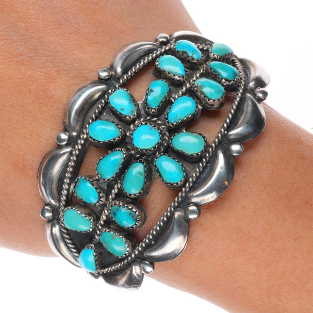 6.25" Vintage HV Zuni sterling silver turquoise cluster repousse cuff bracelet