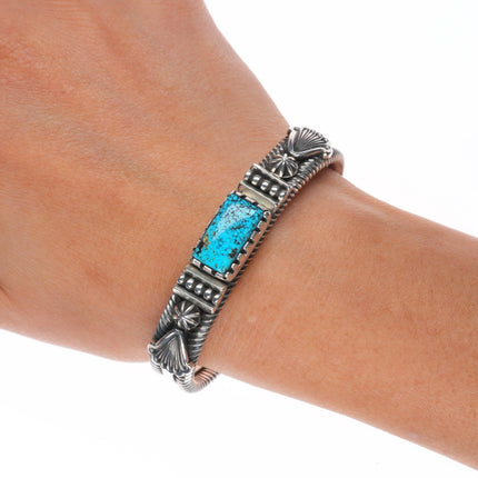 6.3" Pete Johnson Navajo sterling silver cuff bracelet spiderweb turquoise