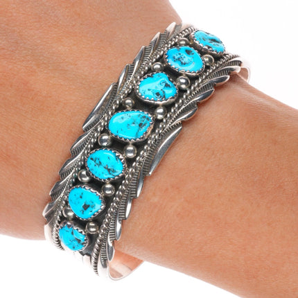 6.5" James Shay Navajo sterling silver Kingman turquoise row cuff bracelet