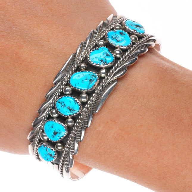 6.5" James Shay Navajo sterling silver Kingman turquoise row cuff bracelet