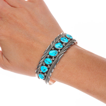 6.5" James Shay Navajo sterling silver Kingman turquoise row cuff bracelet
