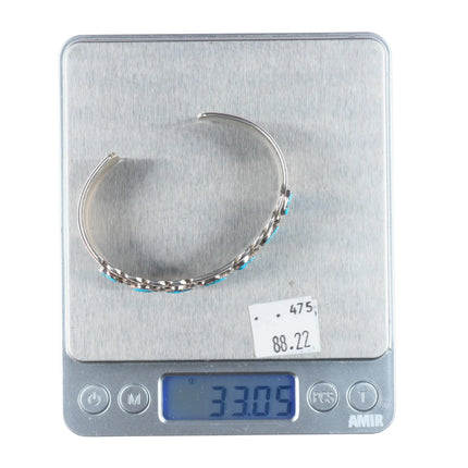 6.5" James Shay Navajo sterling silver Kingman turquoise row cuff bracelet
