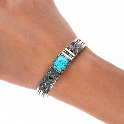6.15" Pete Johnson Navajo sterling silver cuff bracelet spiderweb turquoise