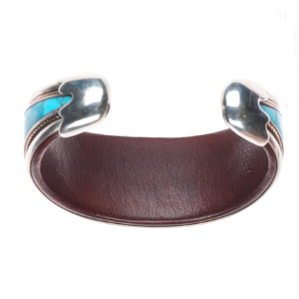 6" Ramona Heise Labradorite, sterling silver, turquoise leather cuff bracelet