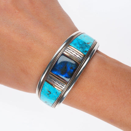 6" Ramona Heise Labradorite, sterling silver, turquoise leather cuff bracelet