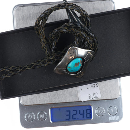 c1970 Vintage Leander Nezzie Navajo sterling silver turquoise shadowbox bolo tie