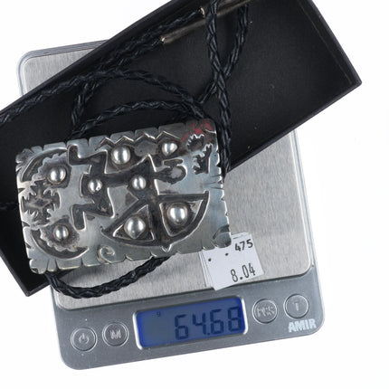 Large Vintage G Holiday Navajo sterling silver Mimbres hunter overlay bolo tie