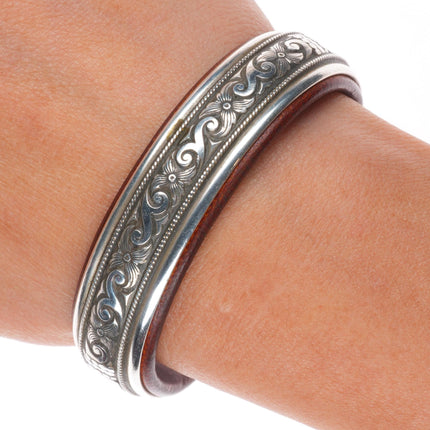 6" Ramona Heise hand engraved sterling silver leather lined cuff bracelet
