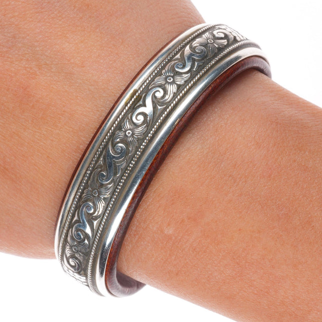 6" Ramona Heise hand engraved sterling silver leather lined cuff bracelet