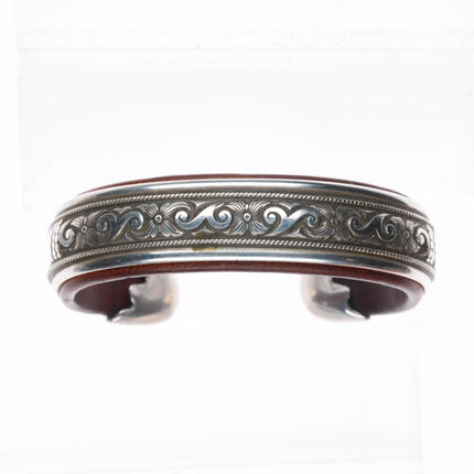 6" Ramona Heise hand engraved sterling silver leather lined cuff bracelet