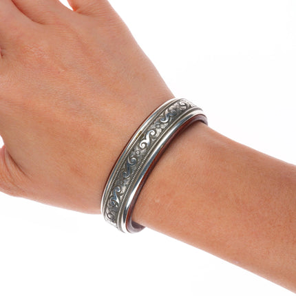 6" Ramona Heise hand engraved sterling silver leather lined cuff bracelet