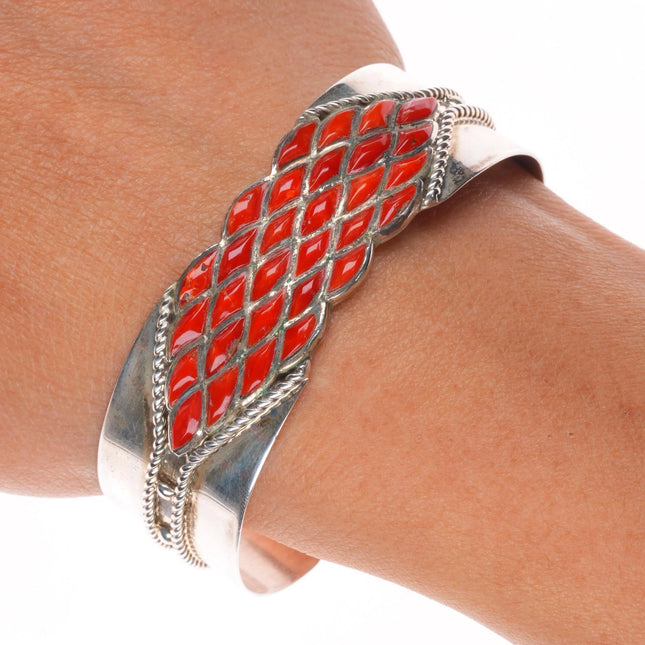 6.3" Derrick-Lorelia Chavez Zuni sterling silver coral raise inlay cuff bracelet