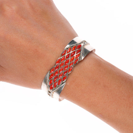 6.3" Derrick-Lorelia Chavez Zuni sterling silver coral raise inlay cuff bracelet